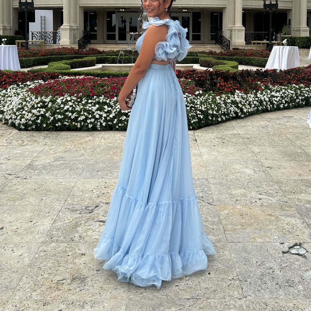 Mac Duggal Blue Ruffle Tiered Cut-Out Chiffon Gown